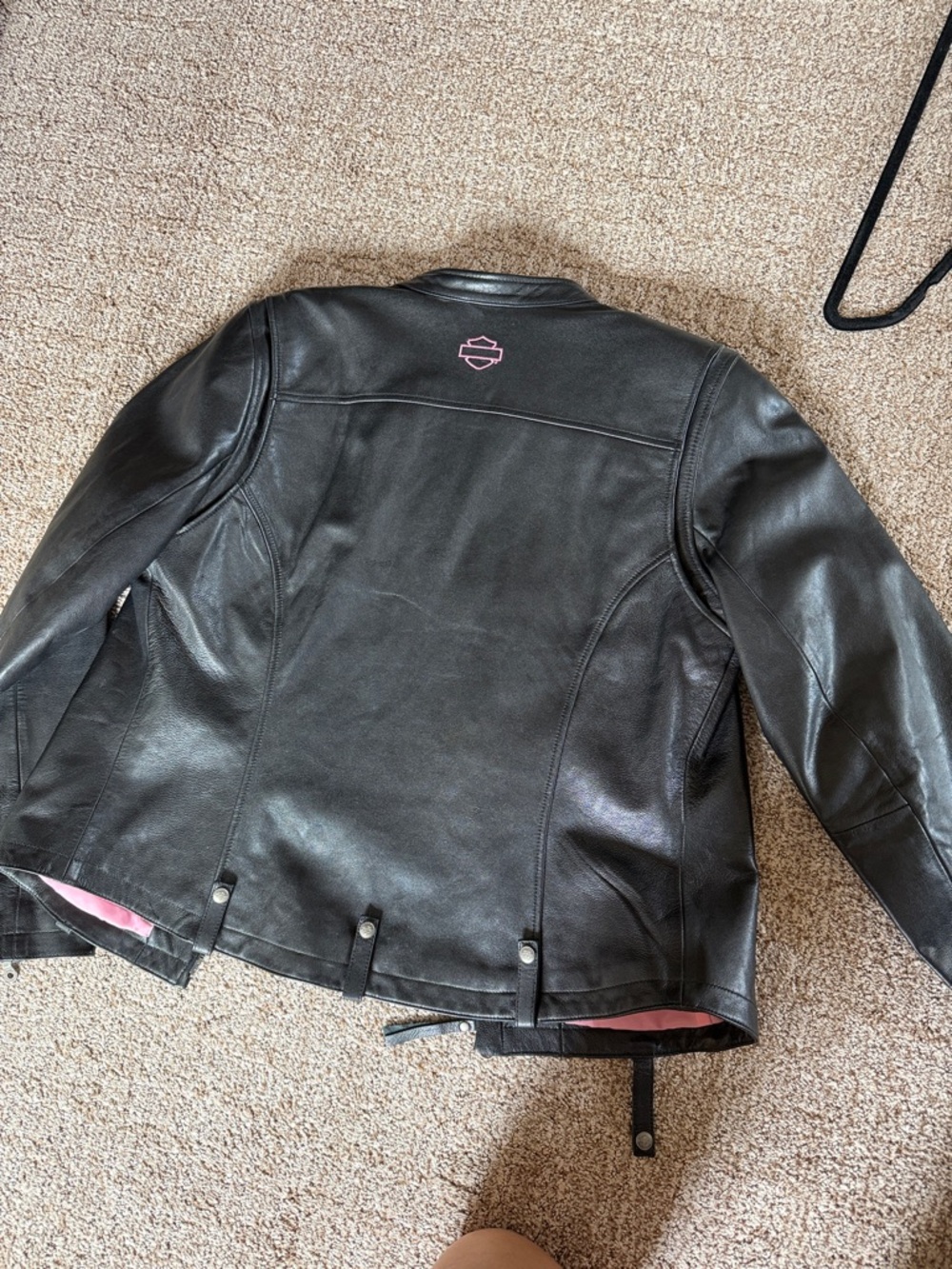 Harley-Davidson Black Leather Bomber Jacket with Pink Logo Accent - Picture 12 of 12